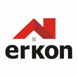 Logo firmy Erkon z czerwonym dachem domu i czarnym napisem na białym tle. Minimalistyczny design.