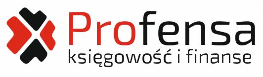Logo firmy Profensa z czarno-czerwonym symbolem graficznym po lewej i napisem 'księgowość i finanse' pod nazwą, na białym tle.