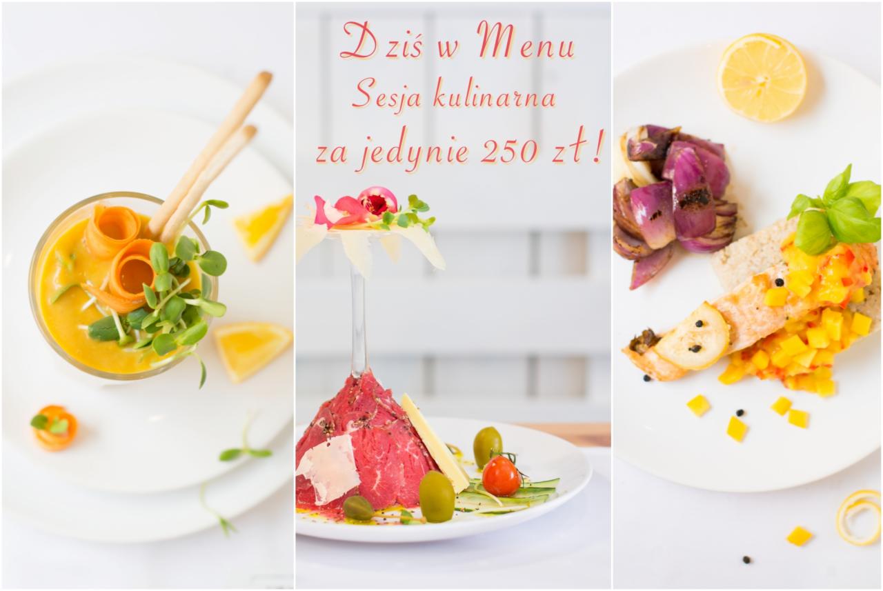 Kompozycja z trzech talerzy: zupa krem z marchewką i grissini, tatar wołowy z dekoracją i łosoś z salsą mango i grillowaną cebulą, całość w jasnej kolorystyce.