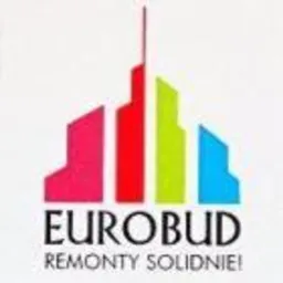 Logo firmy Eurobud Remonty Solidnie! przedstawiające stylizowany budynek w kolorach czerwonym, różowym i zielonym na jasnym tle.