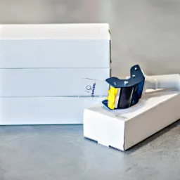 Stos trzech białych kartonowych pudełek obok dyspensera do taśmy z logo 'LOWNOISE' na czwartym pudełku, na szarym tle.