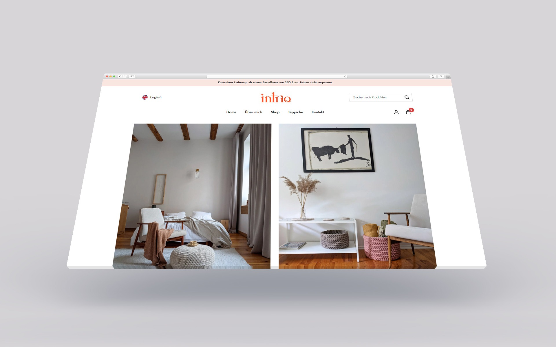 Prezentacja strony internetowej sklepu z artykułami wyposażenia wnętrz, ukazująca aranżacje sypialni i salonu w stylu minimalistycznym z elementami boho.