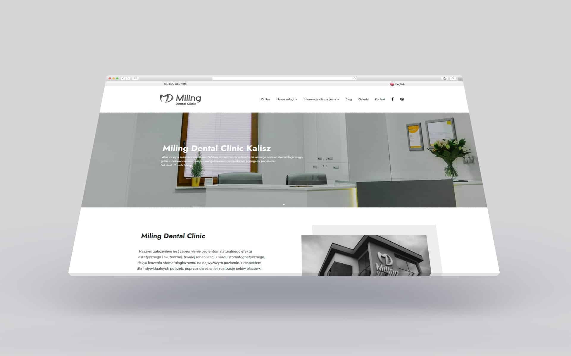 Prezentacja strony internetowej kliniki dentystycznej Miling Dental Clinic, widok wnętrza poczekalni i fragment fasady budynku w tle.