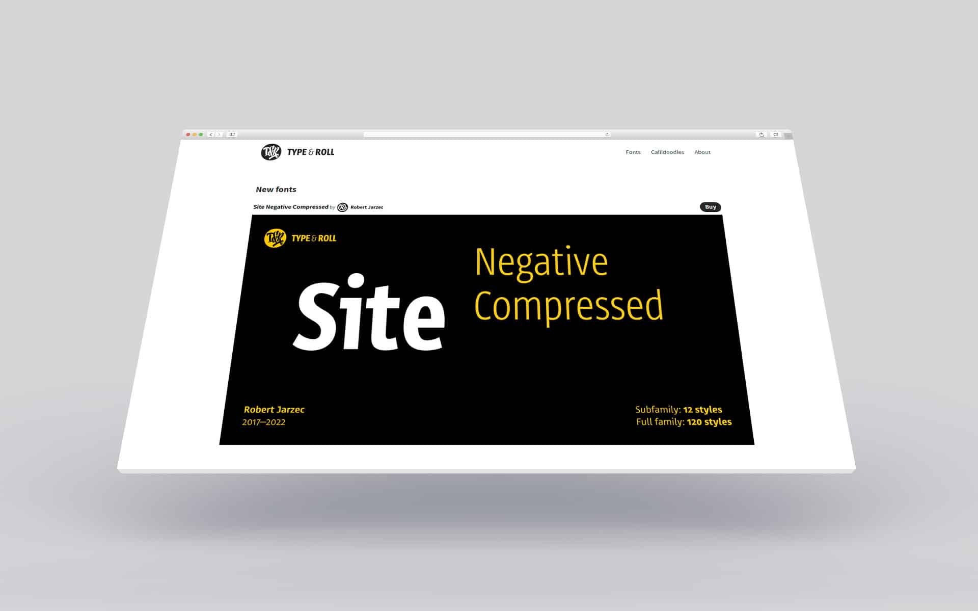 Prezentacja strony internetowej Type & Roll z nowymi fontami Site Negative Compressed, widoczny ekran komputera z interfejsem strony, czarno-żółta grafika fontów na białym tle.