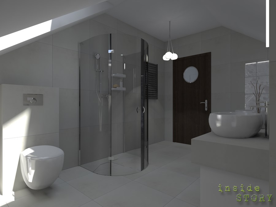 Nowoczesna łazienka na poddaszu z kabiną prysznicową, umywalką na blacie i podwieszaną toaletą. Ciemne drzwi z okrągłym okienkiem i minimalistyczne oświetlenie.