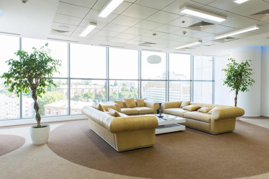 Jasny, przestronny hol biurowy z panoramicznymi oknami, beżowymi sofami i roślinami w donicach. Wykładzina w odcieniach brązu. Nowoczesne oświetlenie sufitowe.