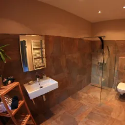 Nowoczesna łazienka z brązowymi płytkami imitującymi kamień, kabiną prysznicową typu walk-in i wiszącą umywalką. Na pierwszym planie drewniany regał z rośliną.