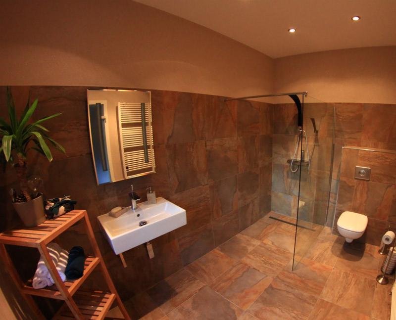 Nowoczesna łazienka z brązowymi płytkami imitującymi kamień, kabiną prysznicową typu walk-in i wiszącą umywalką. Na pierwszym planie drewniany regał z rośliną.