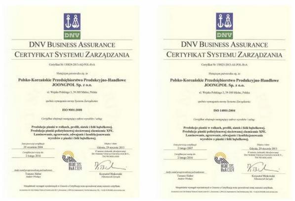 Dwa certyfikaty DNV Business Assurance systemu zarządzania ISO 9001 i ISO 14001, wydane dla polsko-koreańskiego przedsiębiorstwa produkcyjno-handlowego Joongpol Sp. z o.o.