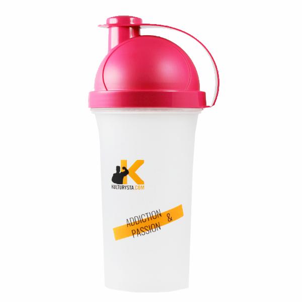 Biały szejker z różową nakrętką, logo KULTURYSTA.COM z sylwetką kulturysty i napisem ADDICTION & PASSION na pomarańczowym pasku.