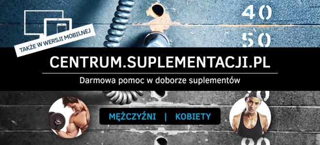 Baner reklamowy centrum suplementacji z adresem strony internetowej, informacją o darmowej pomocy w doborze suplementów oraz zdjęciami mężczyzny ćwiczącego z hantlą i kobiety w sportowym stroju.