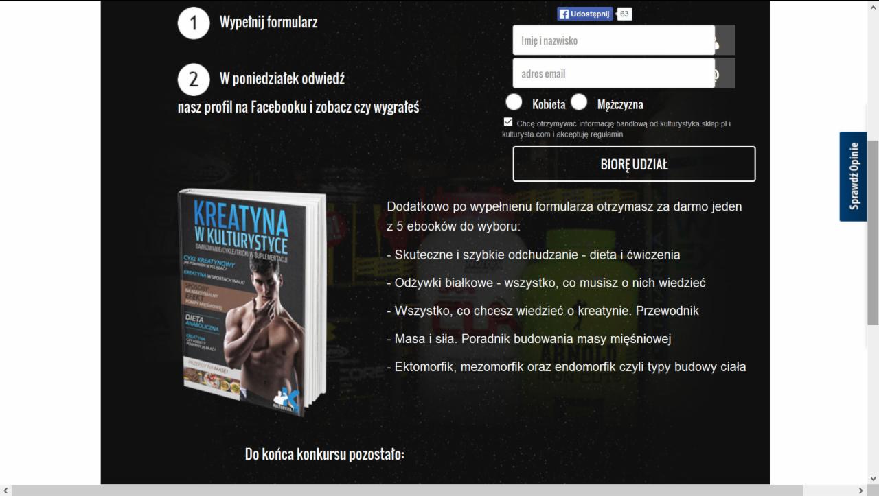Formularz konkursowy online z informacją o darmowych ebookach na temat kreatyny, odżywek białkowych, odchudzania i budowy masy mięśniowej, obok widoczna okładka książki o kreatynie w kulturystyce.