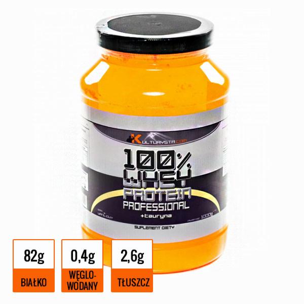 Pojemnik z odżywką białkową 100% Whey Protein Professional marki KULTURYSTA.COM, prezentowany w Gliwicach, z informacjami o wartościach odżywczych: 82g białka, 0,4g węglowodanów, 2,6g tłuszczu.