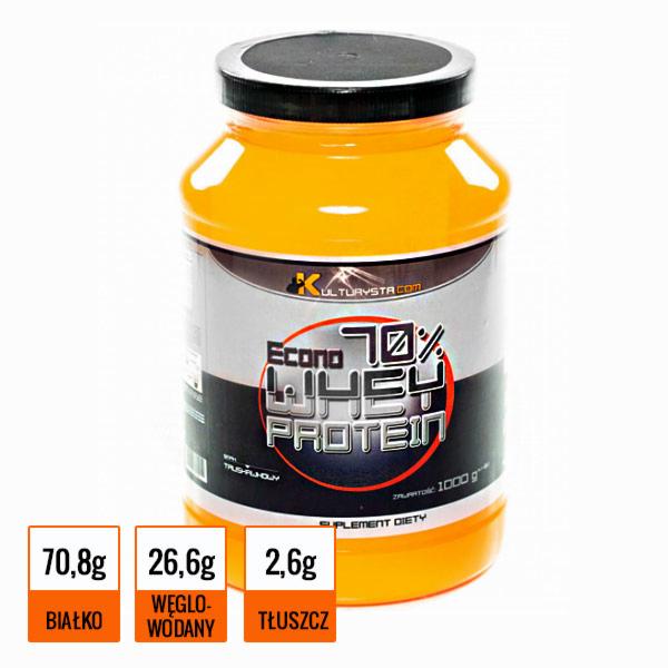 Żółty pojemnik z czarną nakrętką na białym tle, etykieta z napisem KULTURYSTA.COM 70% Whey Protein Econo 1000g, informacja o zawartości białka, węglowodanów i tłuszczu.