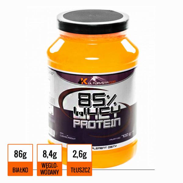 Pojemnik 700g z odżywką białkową 85% Whey Protein marki KULTURYSTA.COM, z informacją o zawartości białka, węglowodanów i tłuszczu na etykiecie.