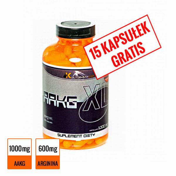 Pomarańczowa butelka suplementu diety AAKG XL z naklejką '15 kapsułek gratis', na białym tle, z informacją o zawartości 1000mg AAKG i 600mg Argininy.