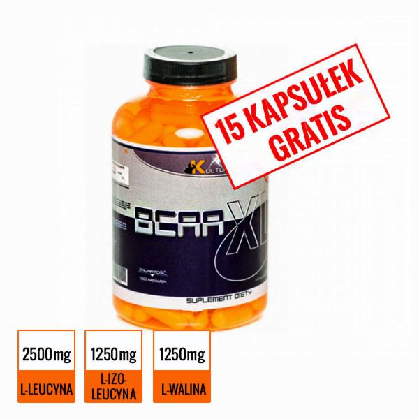Pojemnik z kapsułkami BCAA XL marki KULTURYSTA.COM z informacją o 15 kapsułkach gratis, suplement diety z L-leucyną, L-izoleucyną i L-waliną.