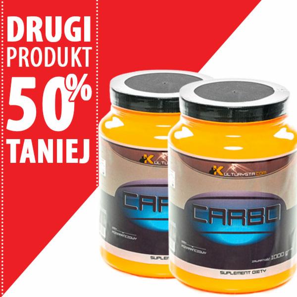 Dwa pojemniki suplementu diety Carbo 1000g marki KULTURYSTA.COM na tle czerwonej promocji 'Drugi produkt 50% taniej'.