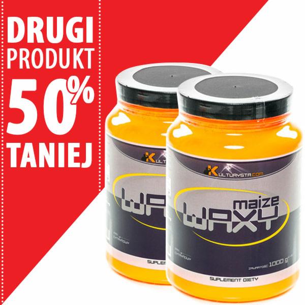 Dwa opakowania suplementu diety Waxy Maize 1000g od KULTURYSTA.COM, promocyjna oferta 'Drugi produkt 50% taniej' na czerwonym tle.