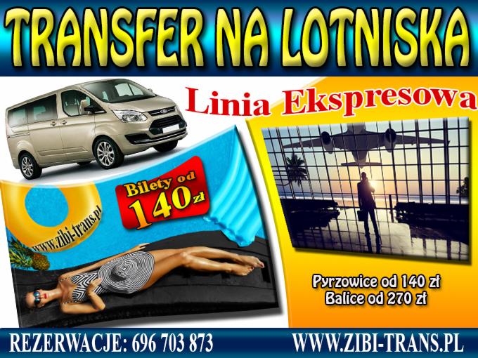 Transfer na lotniska z Czeladź. Grafika reklamowa z minivanem, plażą i lotniskiem. Oferta biletów ekspresowych od 140 zł. Rezerwacje: 696 703 873.
