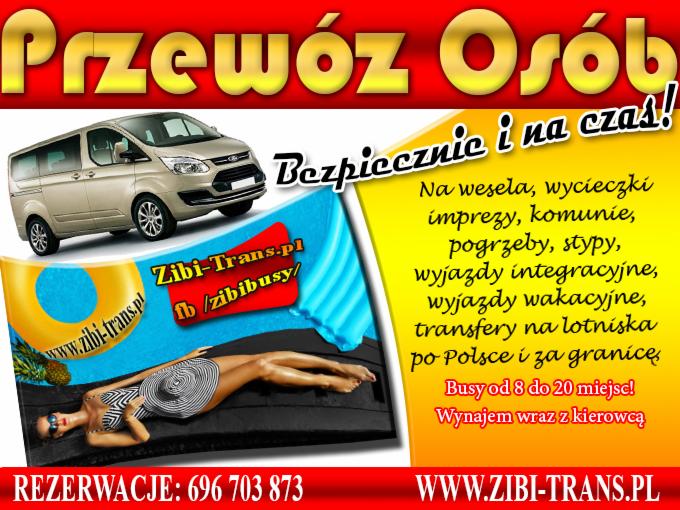 Reklama firmy przewozowej: złoty bus na tle plaży, oferta wynajmu na wesela, wycieczki. Kontakt i adres strony w czerwonej ramce. Bezpiecznie i na czas!