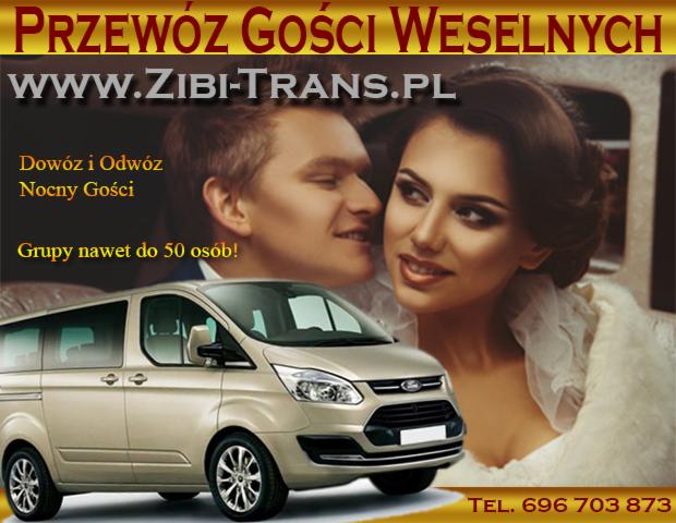 Beżowy van Ford Transit z parą młodą w tle, reklama przewozu gości weselnych Zibi-Trans.pl z numerem telefonu. Usługa transportowa na uroczystości.