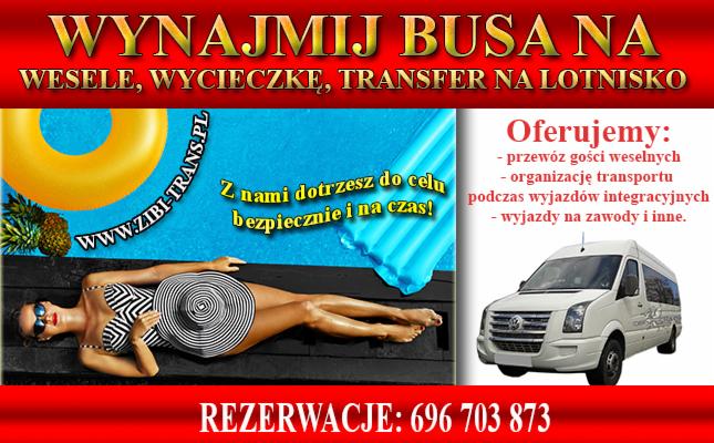 Reklama wynajmu busa: kobieta w stroju kąpielowym leży na tle basenu, obok bus i tekst o ofercie przewozu na wesela, wycieczki i transfery na lotnisko.