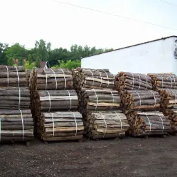 Ułożone pakiety drewna kominkowego, zabezpieczone białym sznurkiem, gotowe do transportu w Czeladzi. Widok na budynek w tle.