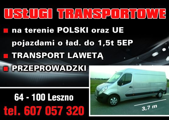 Reklama usług transportowych: srebrny bus o długości 3,7 m na tle krajobrazu, adres Leszno 64-100 i numer telefonu 607 057 320. Oferta obejmuje transport na terenie Polski i UE pojazdami...