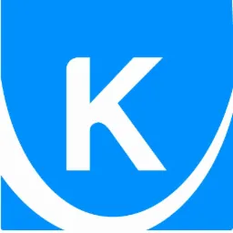 Logo firmy z białą literą K na niebieskim tle, otoczone białym półokręgiem.