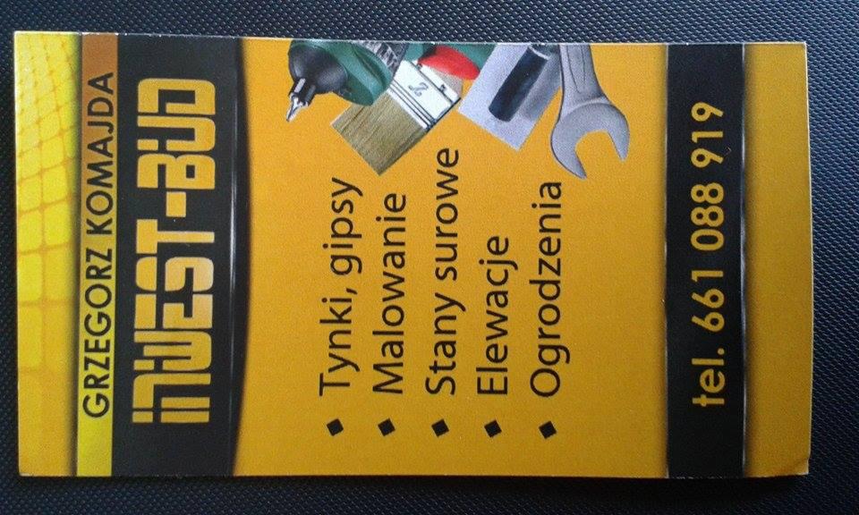 Wizytówka firmy Inwest-Bud Grzegorz Komajda z ofertą: tynki, gipsy, malowanie, stany surowe, elewacje, ogrodzenia i numerem telefonu na żółtym tle.