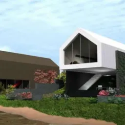 Wizualizacja dwóch nowoczesnych domów z dużymi oknami i płaskimi dachami, otoczonych zielenią. Jeden dom w kolorze brązowym, drugi biało-czarny z zieloną ścianą.