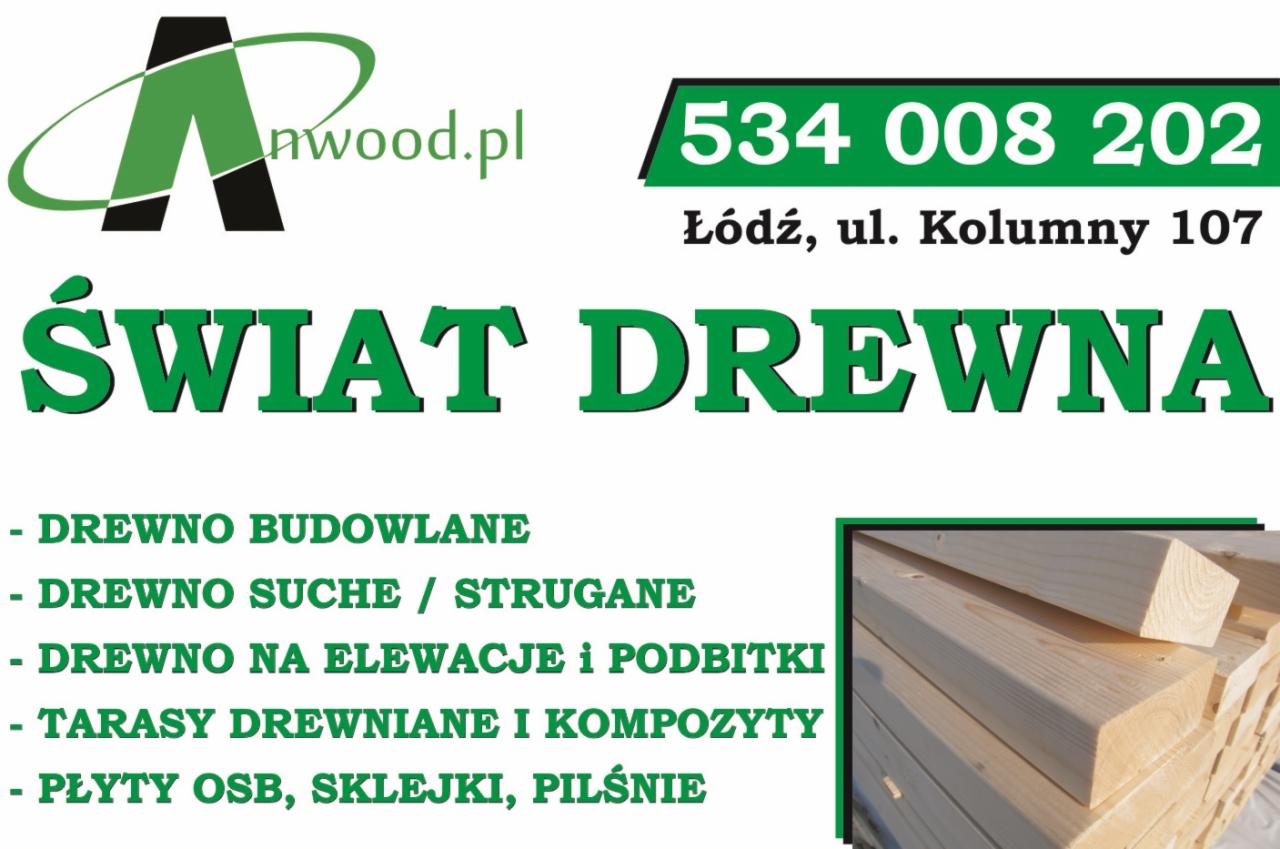 Reklama firmy 'Świat Drewna' z Łodzi oferującej drewno budowlane, suche/strugane, na elewacje i podbitki, tarasy drewniane i kompozyty oraz płyty OSB, sklejki i pilśnie. Logo firmy z adresem strony...