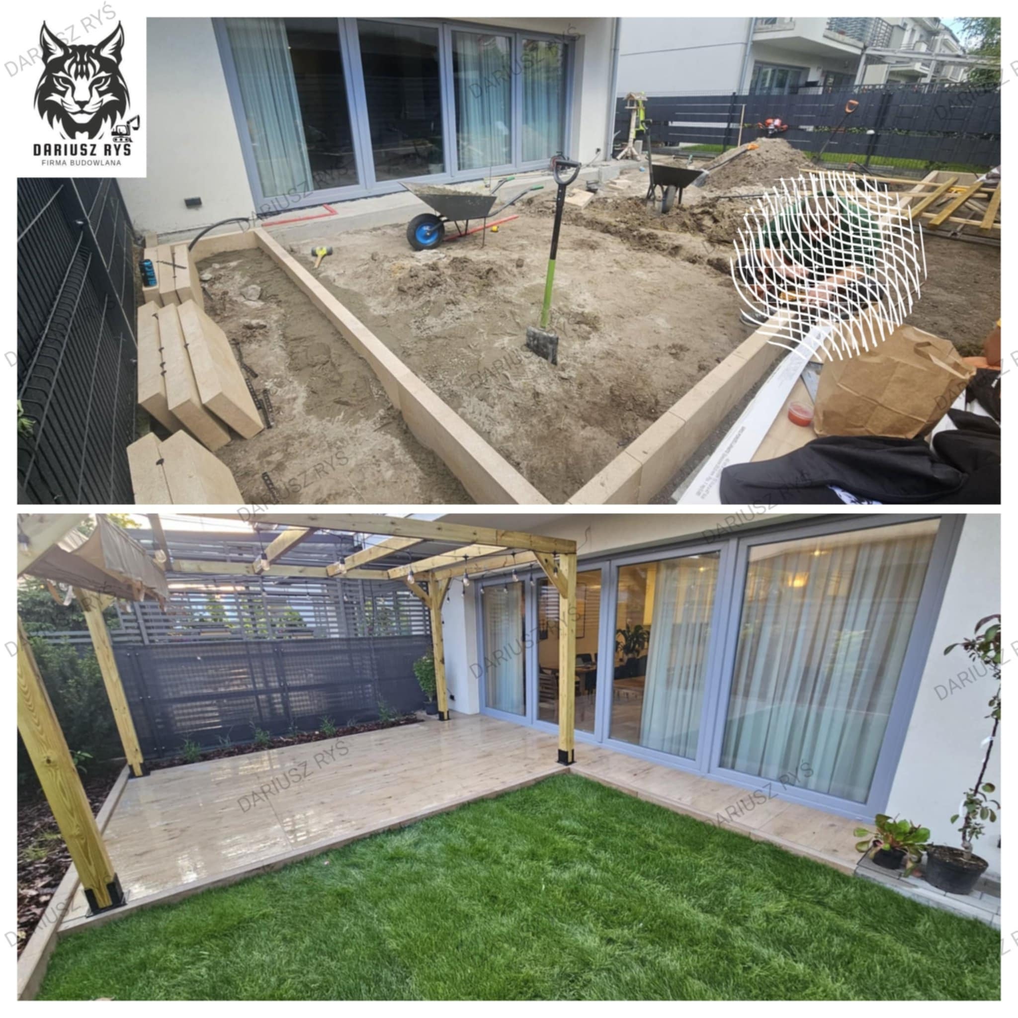 Zdjęcie 'przed i po' budowy tarasu: od wykopu ziemi i przygotowania podłoża po gotowy taras z drewnianą konstrukcją i trawnikiem. Widoczne narzędzia i materiały budowlane.