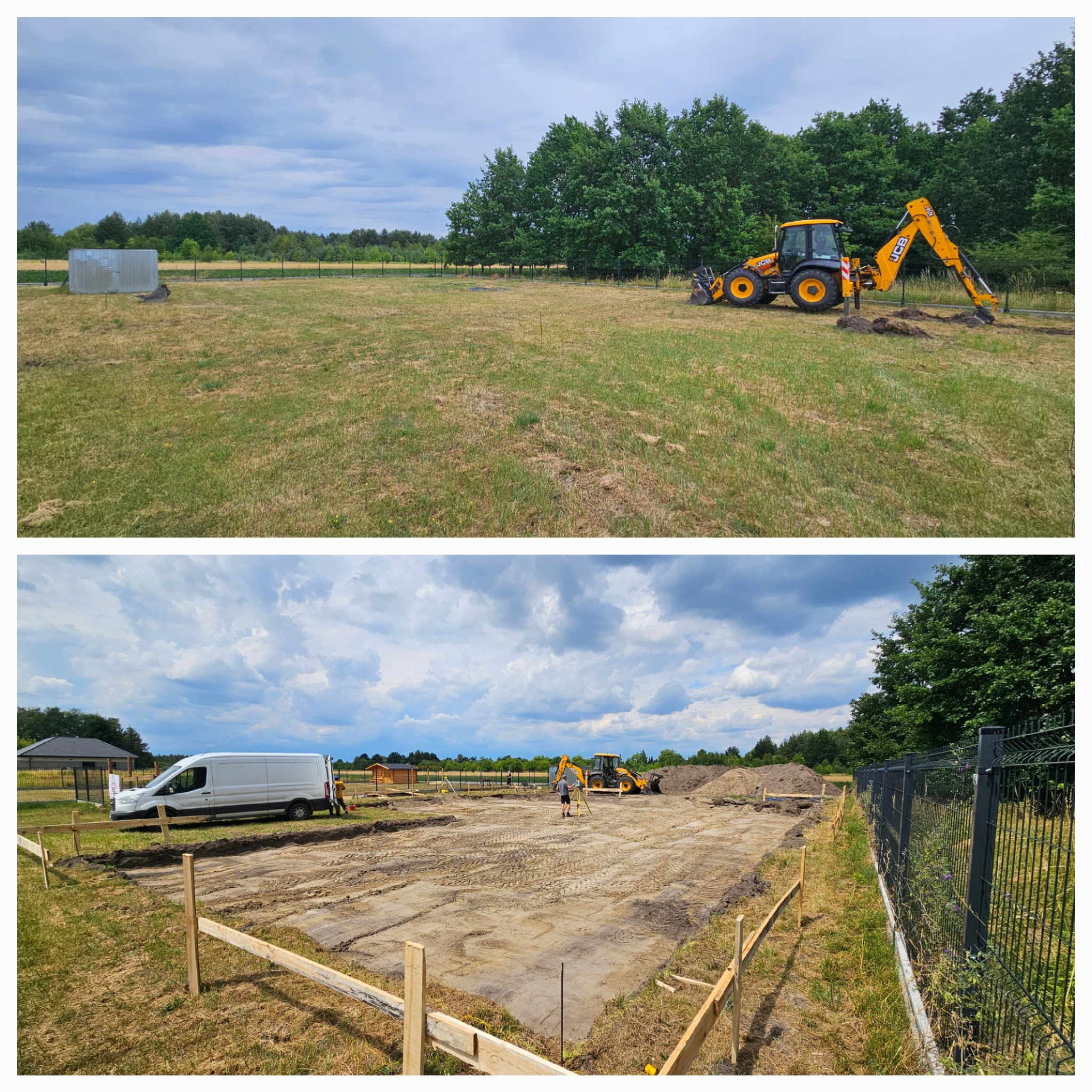 Prace ziemne w Konstancin-Jeziorna: Dwa ujęcia - teren przed wykopem i po, z wykopem pod fundamenty, widoczny sprzęt budowlany i ekipa geodezyjna.