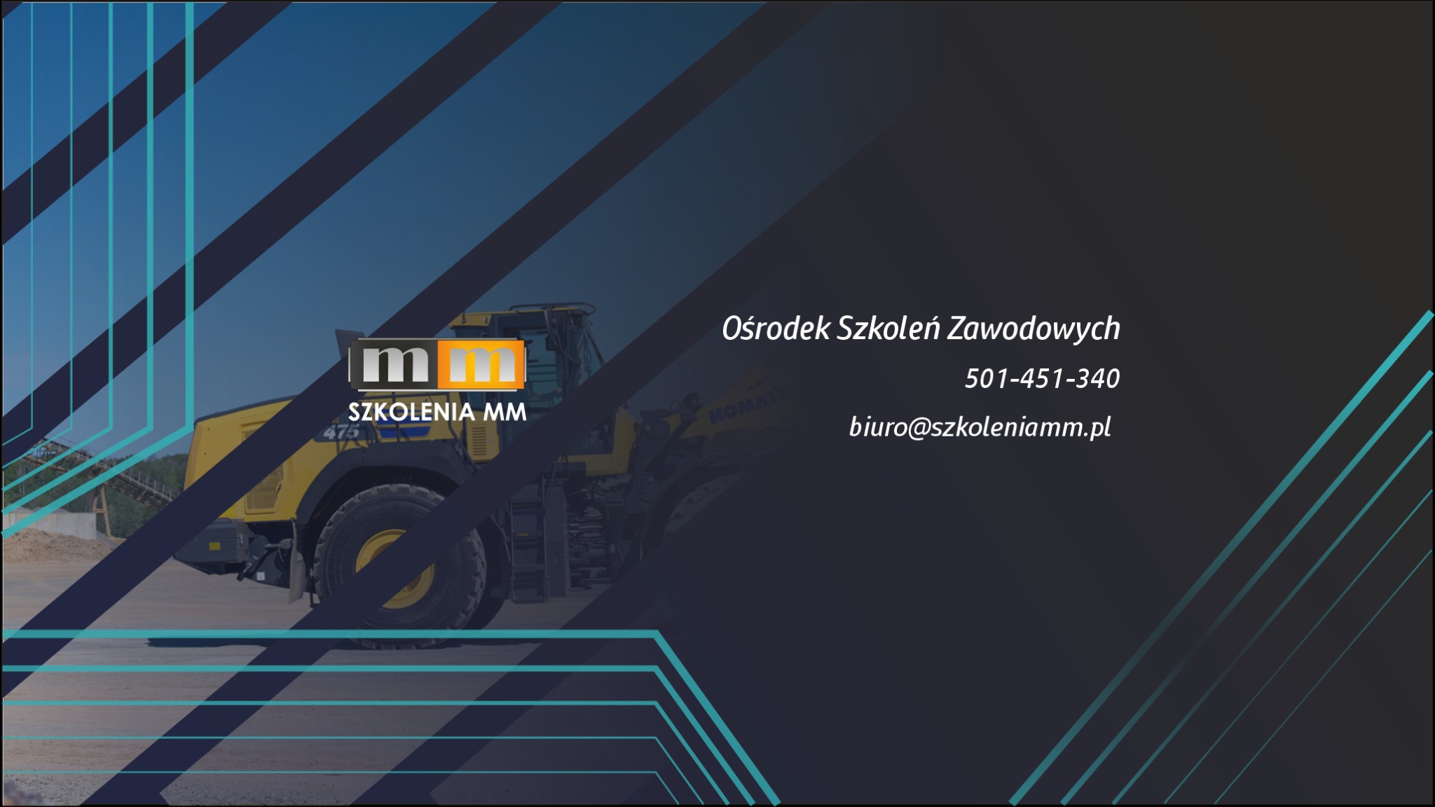 Grafika reklamowa Ośrodka Szkoleń Zawodowych z żółtą ładowarką kołową Komatsu w tle, logo firmy Szkolenia MM i danymi kontaktowymi.