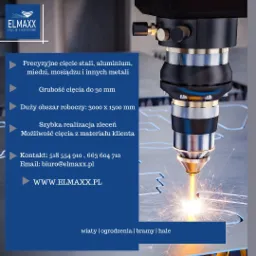 Laserowe cięcie metalu: iskry i precyzyjny detal. Urządzenie w akcji, obróbka stali.  Nowoczesna technologia cięcia laserowego. Logo firmy ELMAXX w lewym górnym rogu.