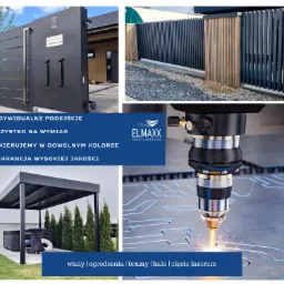 Kompozycja zdjęć: nowoczesna brama wjazdowa z numerem domu, ogrodzenie panelowe z drewnianymi elementami, wiata ogrodowa i zbliżenie na proces cięcia laserowego metalu.