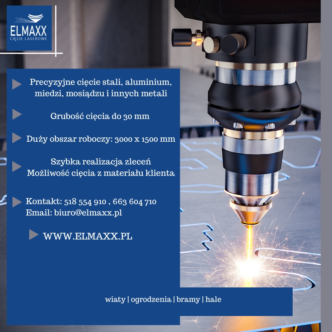 Laserowe cięcie metalu: iskry i precyzyjny detal. Urządzenie w akcji, obróbka stali.  Nowoczesna technologia cięcia laserowego. Logo firmy ELMAXX w lewym górnym rogu.