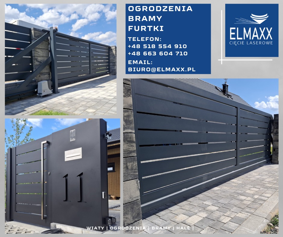 Nowoczesna, przesuwna brama metalowa w grafitowym kolorze, z automatyką i numerem domu '11', osadzona na kamiennych słupkach. Widok z różnych perspektyw.