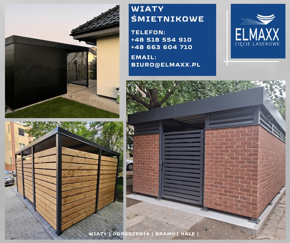 Kompozycja z trzech ujęć wiat śmietnikowych: nowoczesnej, drewnianej i z cegły. W tle logo firmy ELMAXX i dane kontaktowe. Różne style i materiały.