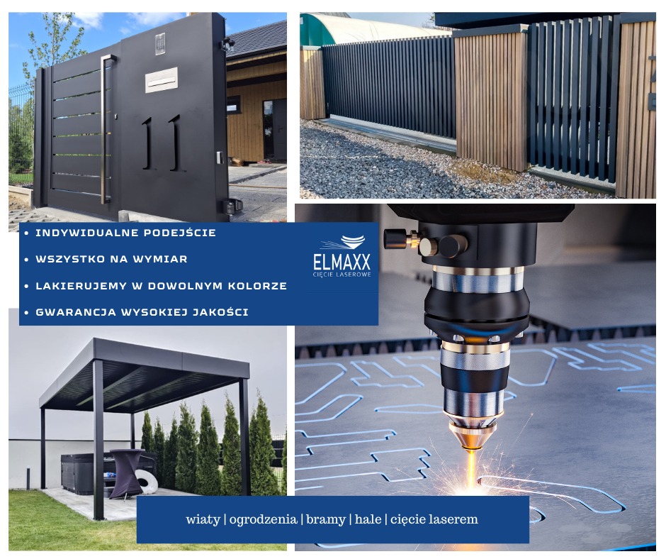 Kompozycja zdjęć: nowoczesna brama wjazdowa z numerem domu, ogrodzenie panelowe z drewnianymi elementami, wiata ogrodowa i zbliżenie na proces cięcia laserowego metalu.