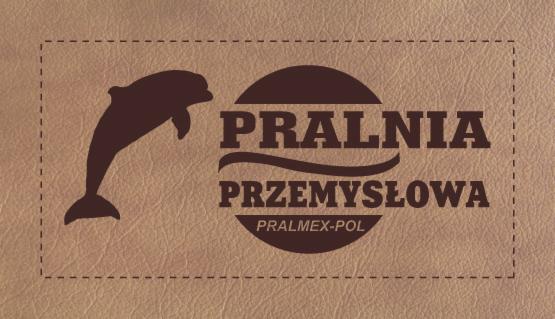 Logo pralni przemysłowej PRALMEX-POL z sylwetką delfina, umieszczone na teksturowanym tle imitującym skórę.