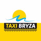 Logo Taxi Bryza: żółto-czarny szachownica, nazwa i symbol fali z słońcem. Minimalistyczny design w jasnych barwach, charakterystyczny dla branży transportowej.