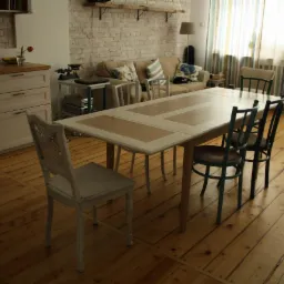 Jasne, przestronne wnętrze z drewnianą podłogą, stołem jadalnym i krzesłami w stylu vintage. W tle ceglana ściana i sofa z poduszkami.