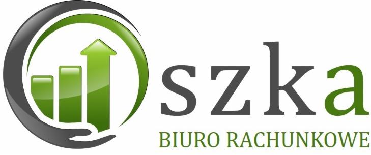 Logo firmy z nazwą 'szka' i symbolem wzrostu finansowego w kolorach szarym i zielonym, z podtytułem 'BIURO RACHUNKOWE'.