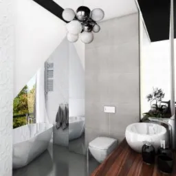 Nowoczesna łazienka na poddaszu z wanną wolnostojącą i drewnianym blatem pod umywalką. Oświetlenie punktowe i duże lustro optycznie powiększają przestrzeń.