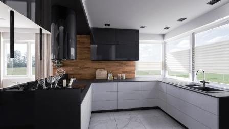 Nowoczesna kuchnia w bieli i czerni z drewnianą ścianą, minimalistycznym okapem i marmurową podłogą. Duże okna z roletami wpuszczają naturalne światło.