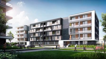 Wizualizacja nowoczesnego budynku wielorodzinnego z balkonami, otoczonego zielenią i ścieżką spacerową w słoneczny dzień. Ujęcie z perspektywy pieszego.