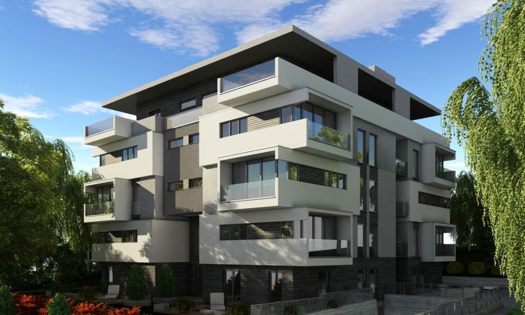 Wizualizacja nowoczesnego, wielopiętrowego budynku mieszkalnego z balkonami i tarasami, otoczonego zielenią. Budynek w odcieniach szarości i bieli, z elementami drewnianymi.